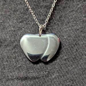 Silver Tone Black Hematite Gemstone Double Heart Pendant Statement Necklace